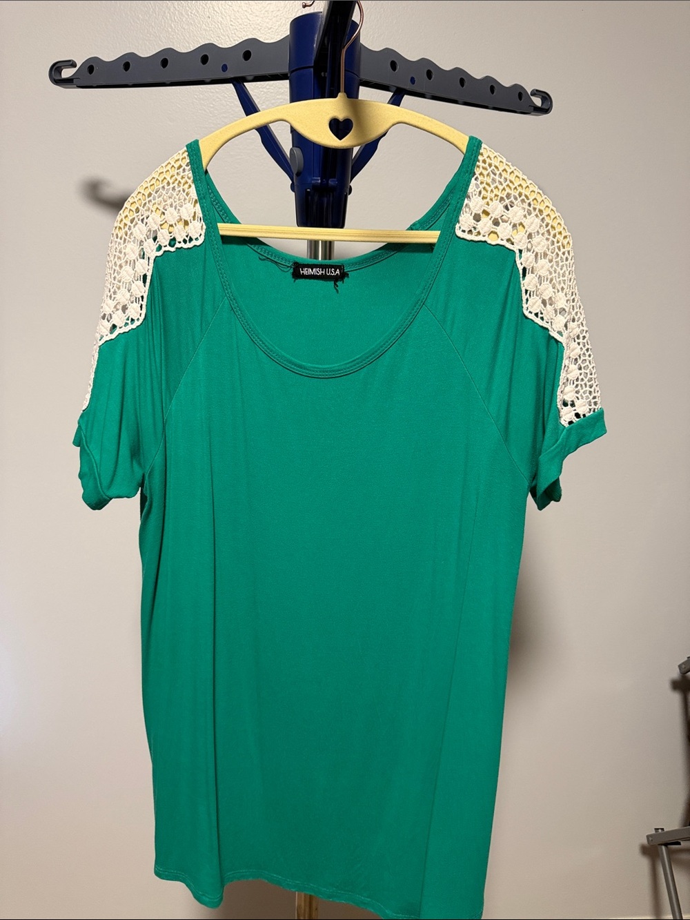 HEIMISH USA Emerald Green Short Sleeve Top with Cream Crochet Shoulders